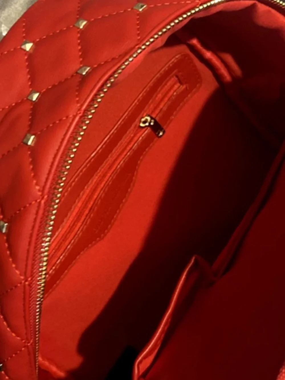 Badgley Mischka Red Quilted Studded Backpack with Gold Hardware